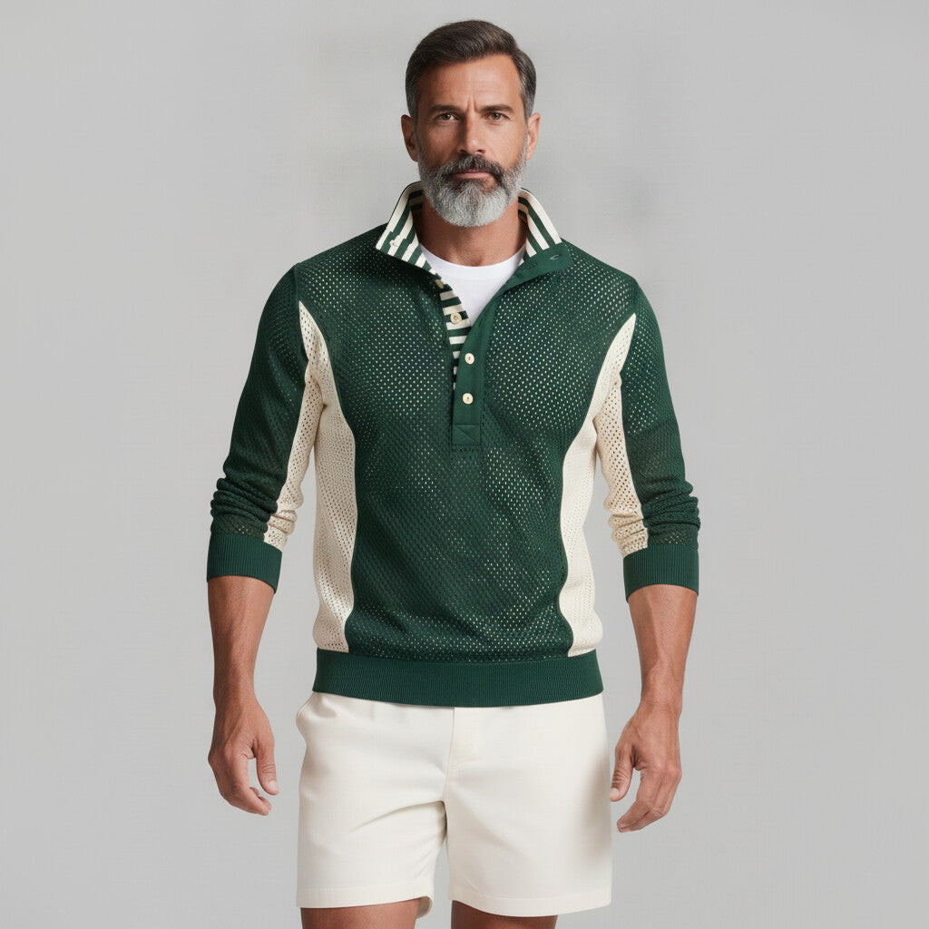 Men's Striped Stand Collar Mesh Hollow Out Colorblock Pullover Sweatshirt