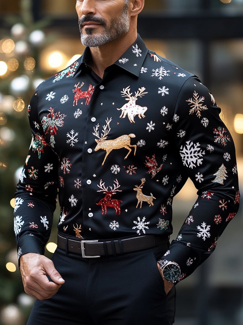 Men's Business Christmas Print Long Sleeve Shirt