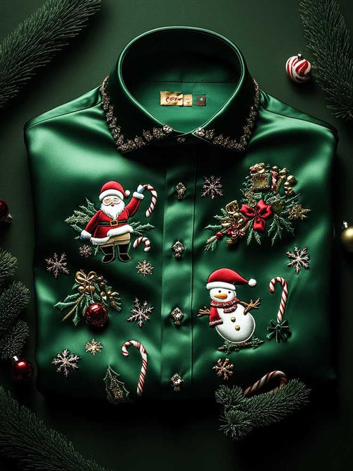 Men's Christmas Satin Luxe Long Sleeve Button Down Shirt