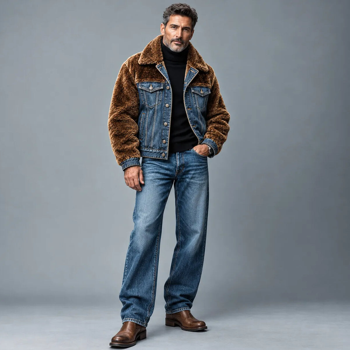 Men's Colorblock Single Breasted Multi-Pocket Denim Patchwork Fluffy Jacket
