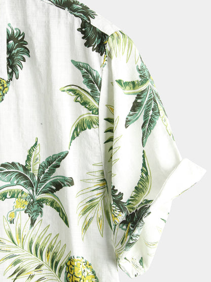 Men's Pineapple Floral Tropical Fruit Cotton Button Up Summer Beach Hawaiian Shirt
