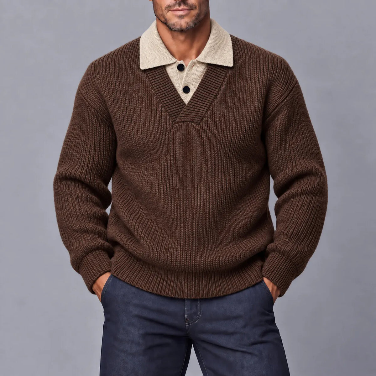 Men's Casual Solid Color Ribbed Knit Polo Collar Thick 2 in1 Pullover Sweater