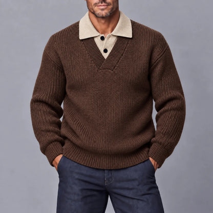 Men's Casual Solid Color Ribbed Knit Polo Collar Thick 2 in1 Pullover Sweater