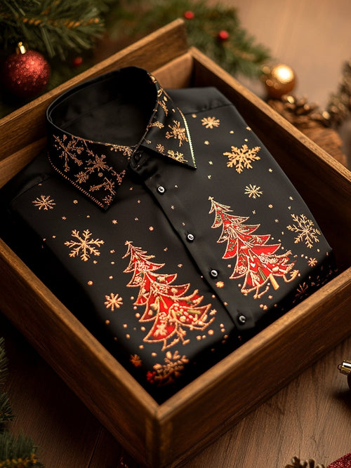 Men's Satin Luxury Christmas Party Long Sleeve Button-Down Shirt