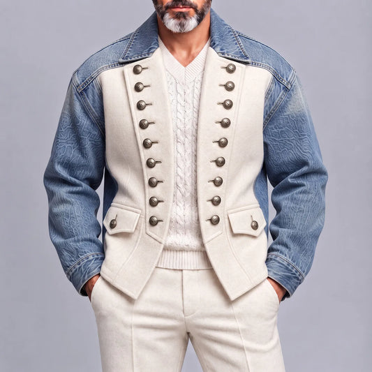 Men's Colorblock Denim Patchwork Lapel Collar Double-Breasted Vintage Jacket