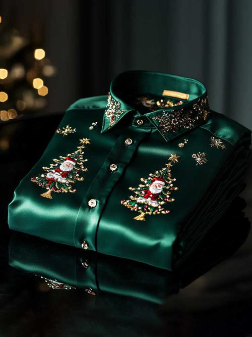 Men's Christmas Satin Luxe Long Sleeve Button Down Shirt