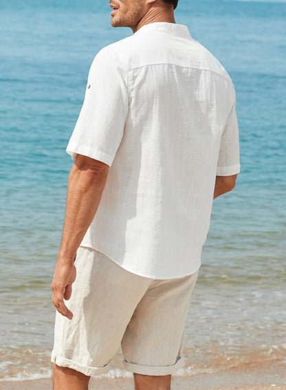 JMIERR Mens Cotton Linen Henley Shirt Casual Button Down Short Sleeve Tropical Shirts Summer Beach T Shirts
