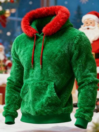 Men's Christmas Warm Patchwork Plush Hooded Sweatshirt