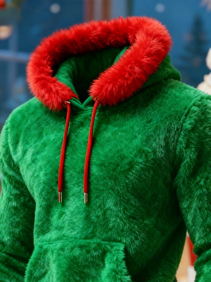 Men's Christmas Warm Patchwork Plush Hooded Sweatshirt