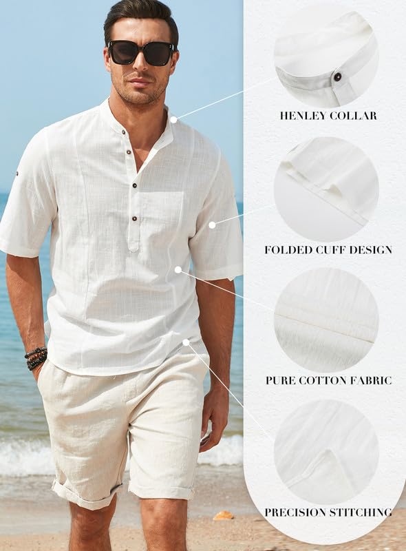 JMIERR Mens Cotton Linen Henley Shirt Casual Button Down Short Sleeve Tropical Shirts Summer Beach T Shirts
