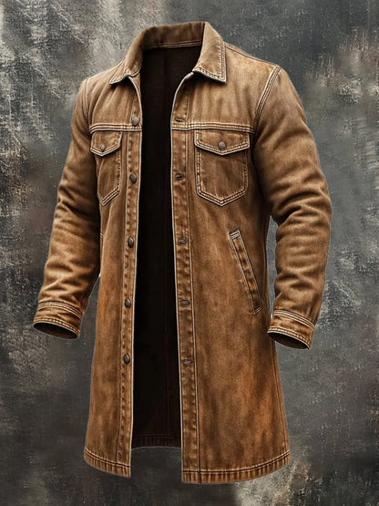 Men's Vintage Western Cowboy Canvas Multi-Pocket Ripped Lapel Outdoor Jacket Long Coat