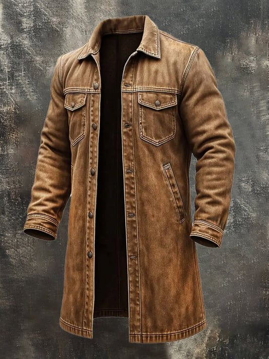 Men's Vintage Western Cowboy Canvas Multi-Pocket Ripped Lapel Outdoor Jacket Long Coat