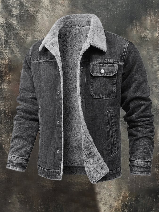 Men's Vintage Washed Denim Plus Fleece Warm Outdoor Jacket