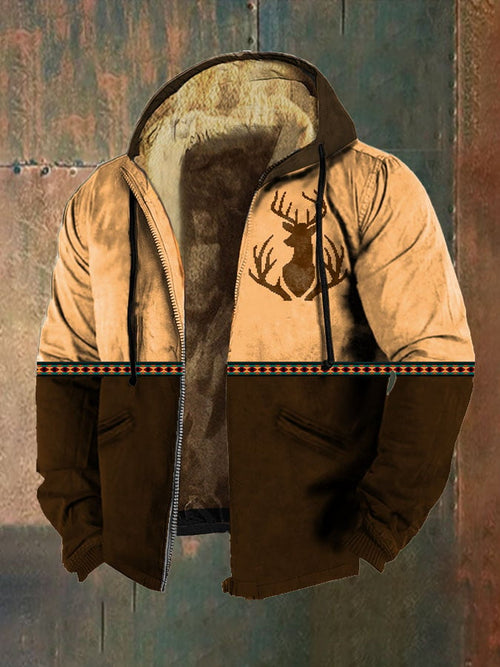 Men's Retro Deer Head Print Zip Hooded Jacket