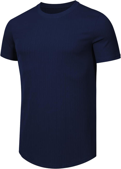 JMIERR Men's Muscle T Shirt Crewneck Short Sleeve Slim Fit Longline Ribbed Knit Stretch Workout Tee Shirts