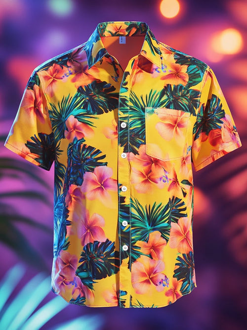 Men's Casual Lapel Floral Pocket Short Sleeve Shirt