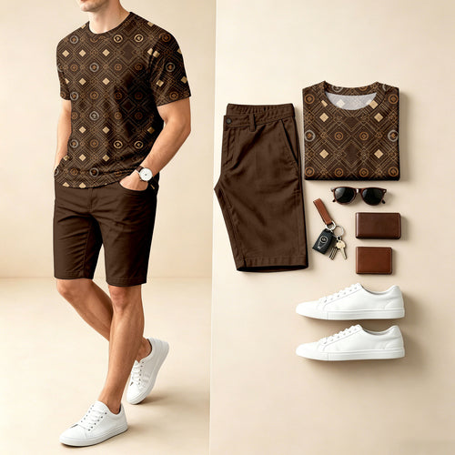 Men's Casual Coin-Print Round-Neck Short-Sleeve T-Shirt And Shorts Two-Piece Set