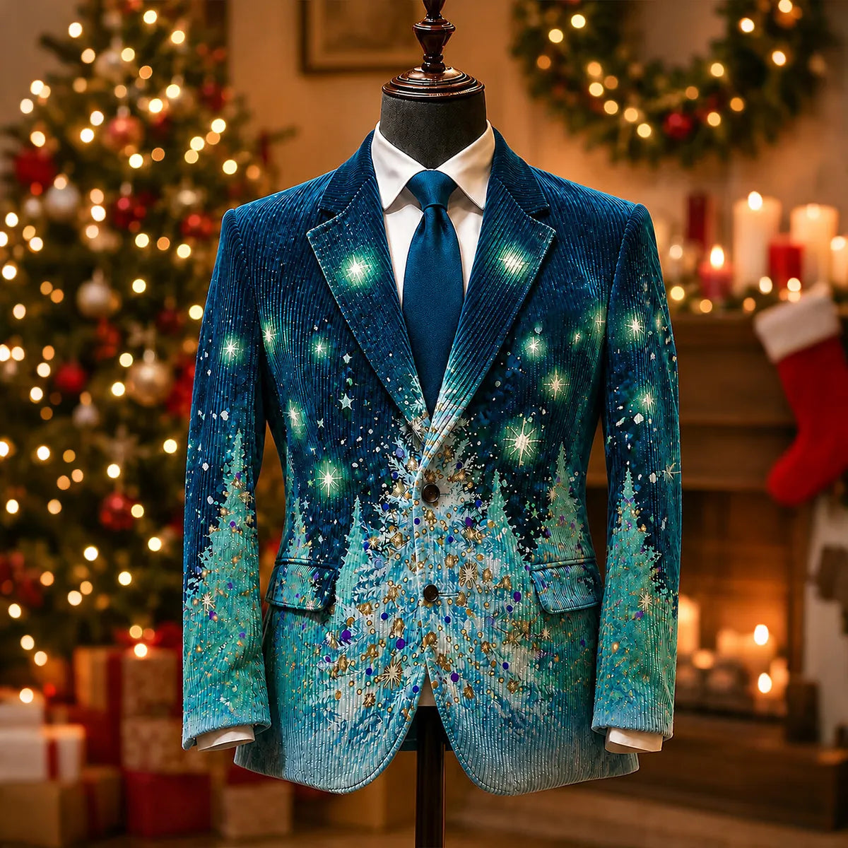 Men's Christmas Snowflake And Christmas Tree Print Print Casual Blazer