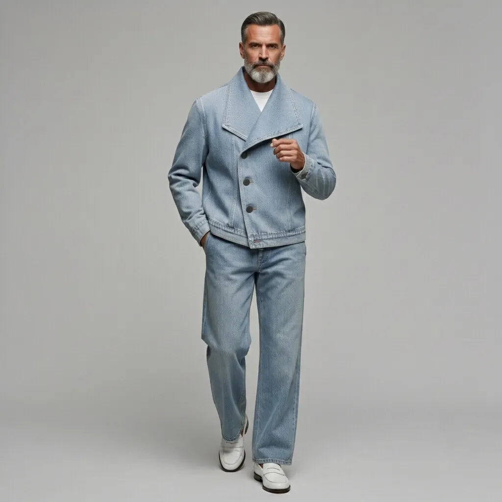 Men's Casual Light Blue Asymmetric Single Breasted Lapel Collar Denim Jacket