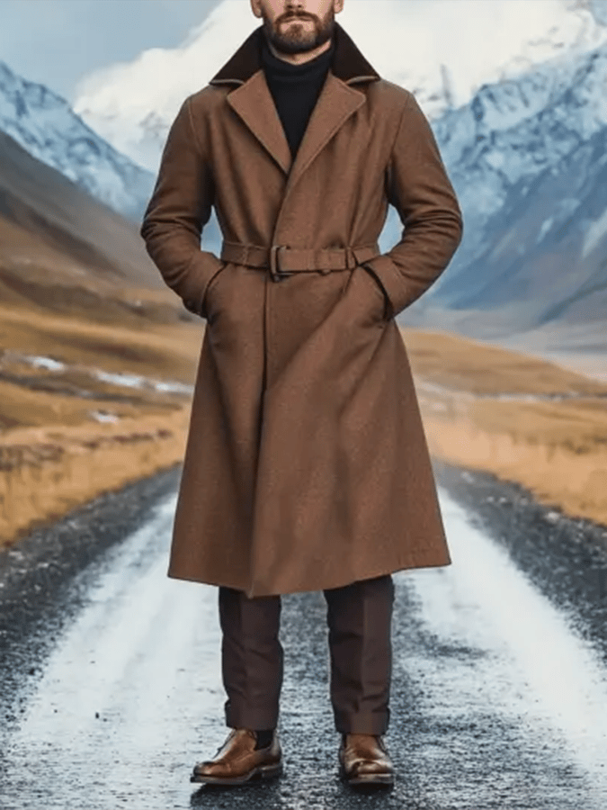 Men's Vintage Wool Contrast Color Warm Lapel Collar Jacket Long Coat