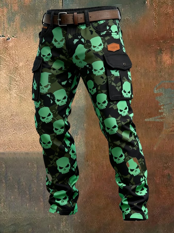 Men's Vintage Skull Camouflage Distressed Pocket Work Pants