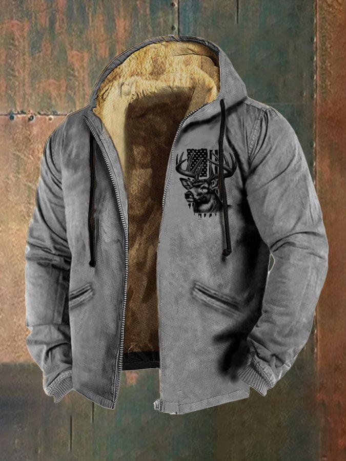 Men's Vintage Hooded Collar Print Fleece Jacket