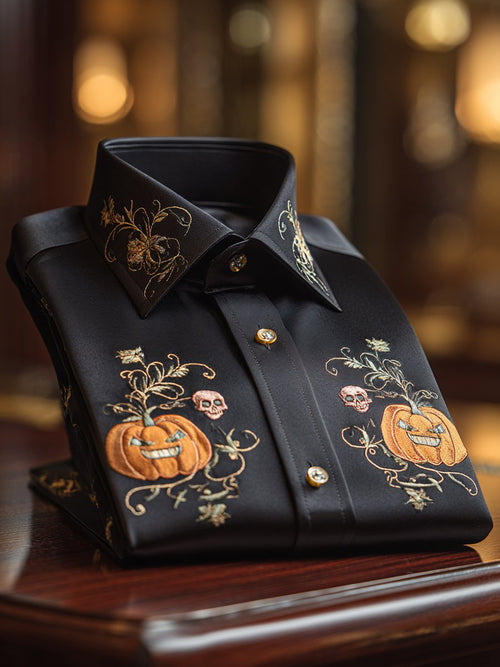 Men's Luxe Satin Halloween Pumpkin Long Sleeve Shirt
