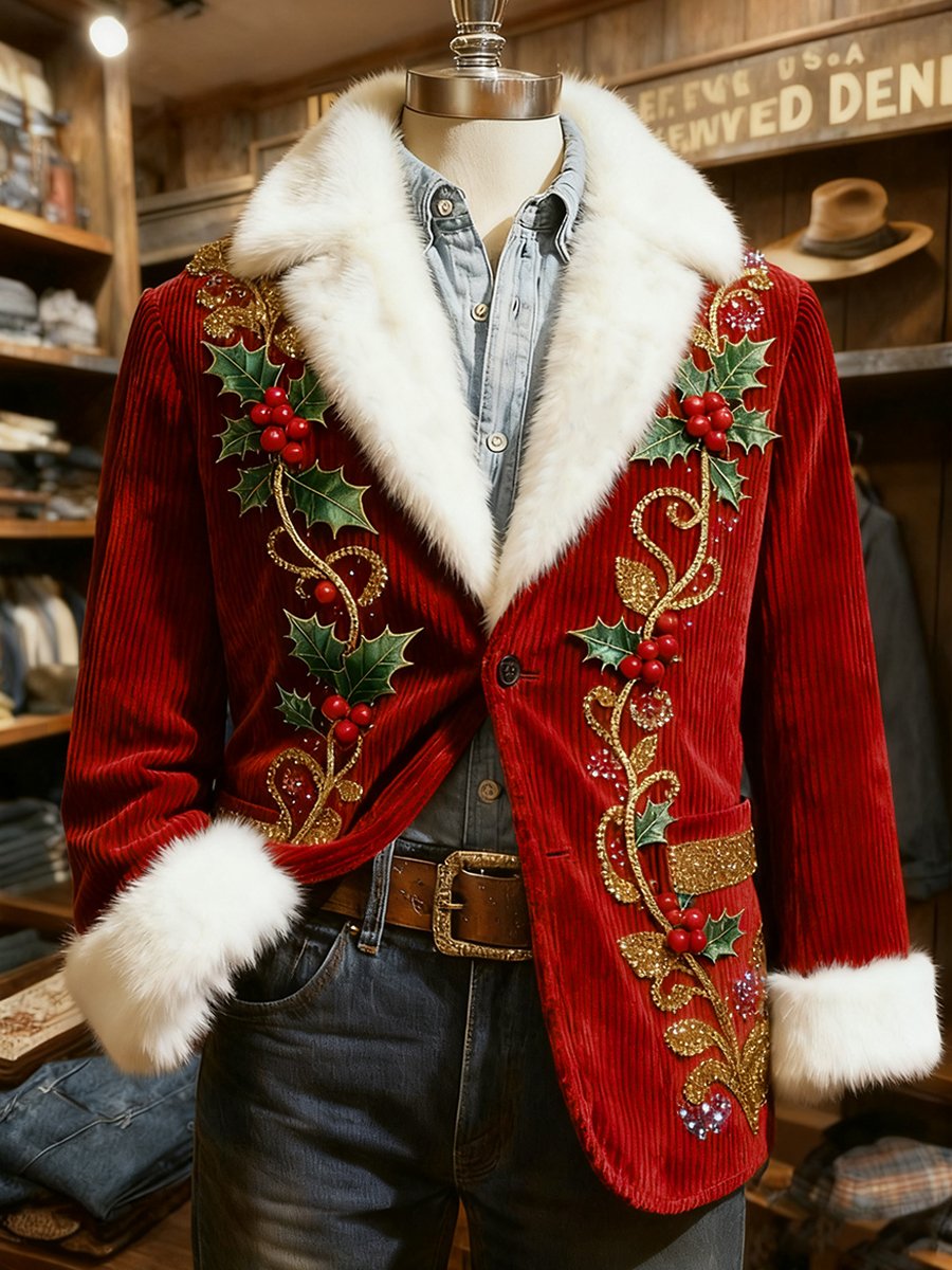 Men's Corduroy Christmas Holly Collar Plush Suit Jacket