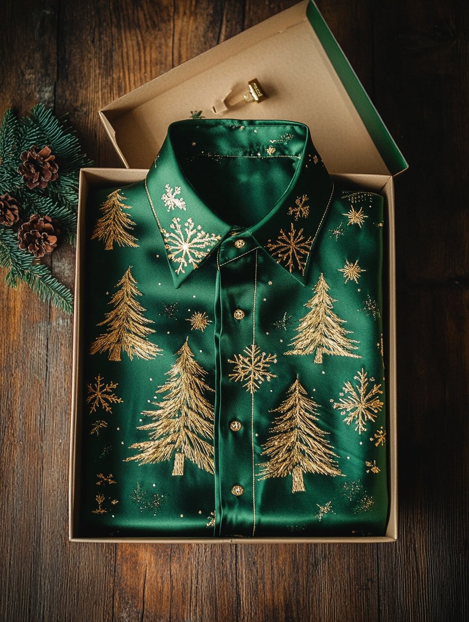 Men's Business Retro Christmas Evergreen Tree Snowflake Print Long Sleeve Shirt