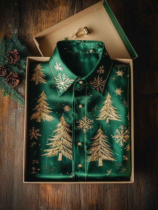 Men's Business Retro Christmas Evergreen Tree Snowflake Print Long Sleeve Shirt
