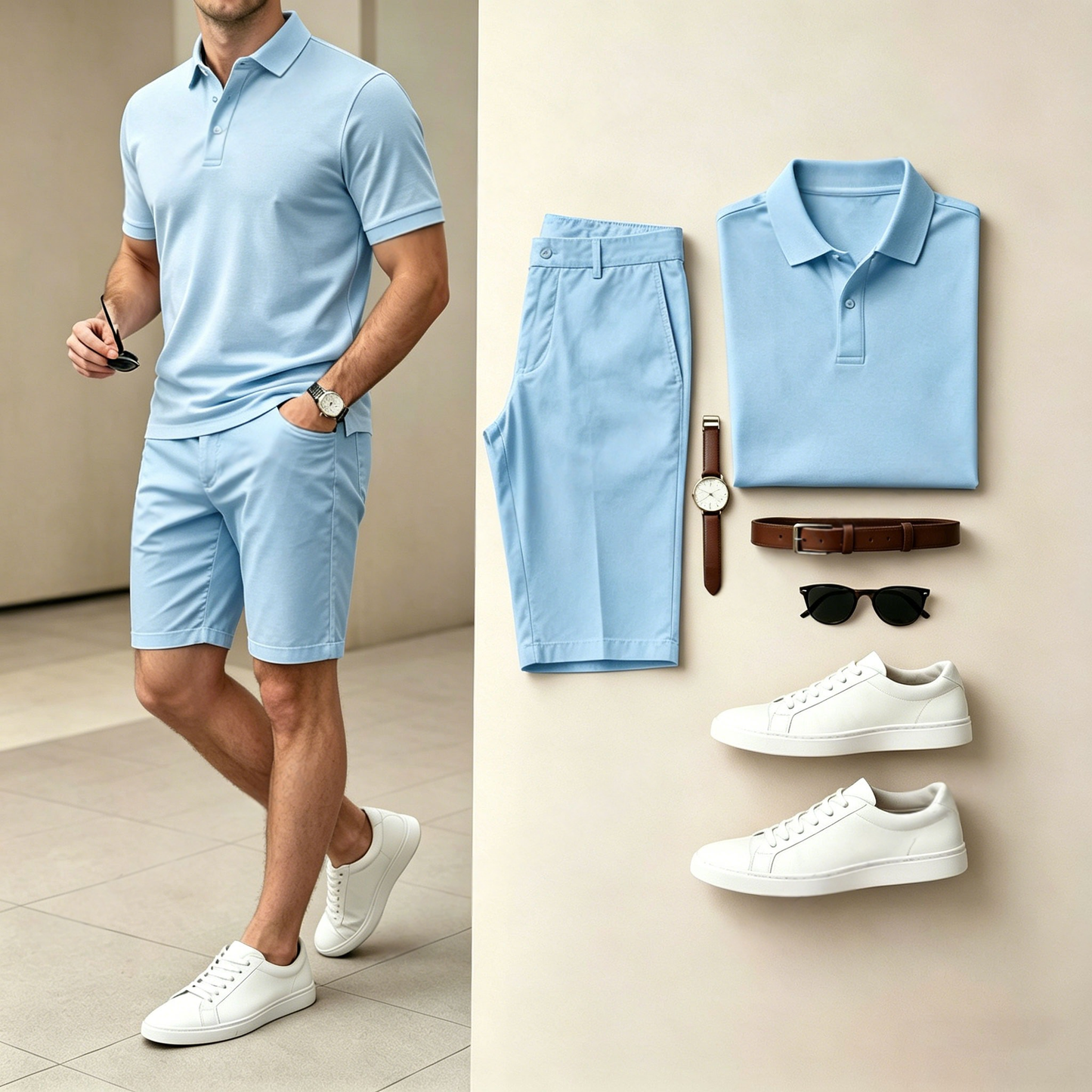 Men's Casual Solid Blue Polo Shirt And Shorts Two-Piece Set (Does Not Include Watch, Belt, Or Accessories)