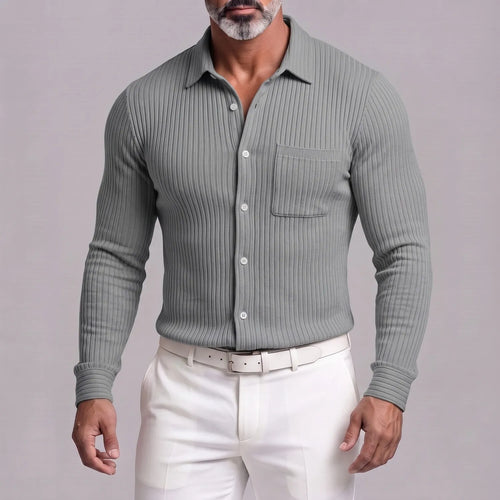 Men's Casual Ribbed Knit Single Breasted Chest Pocket Slim Fit Long Sleeve Shirt