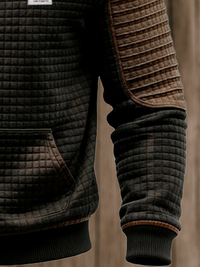 Men's Retro Waffle Stitching Contrast Color Comfortable Zipper Fur Collar Hooded Sweatshirt