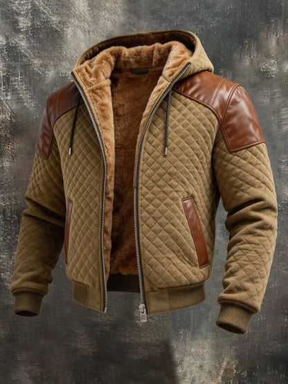 Men's Vintage Faux Leather-Paneled Fleece-Lined Hooded Jacket