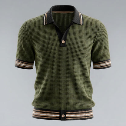 Men's Olive Green Waffle Texture Contrast Striped Trim Polo Shirt