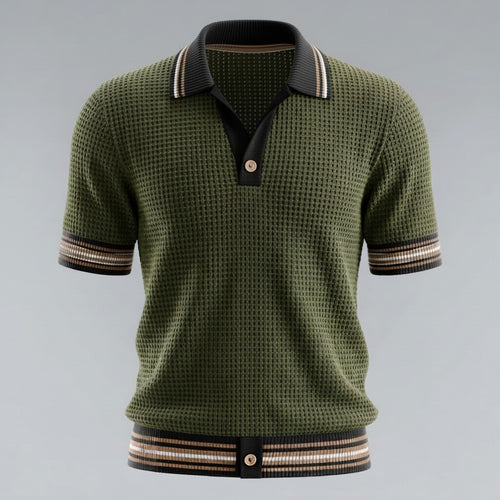 Men's Olive Green Waffle Texture Contrast Striped Trim Polo Shirt