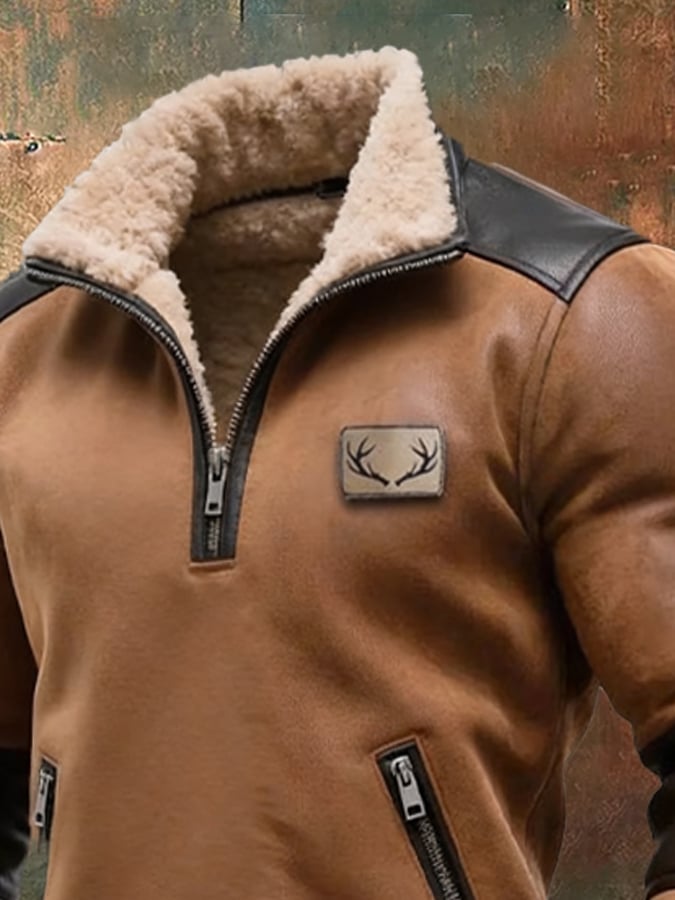 Men's Vintage Suede Leather Zipper Fur Collar Sweatshirt
