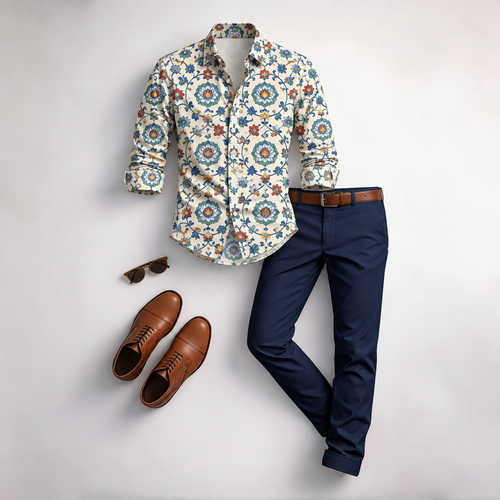 Men's Vintage Floral Print Long-Sleeve Shirt and Pants Set