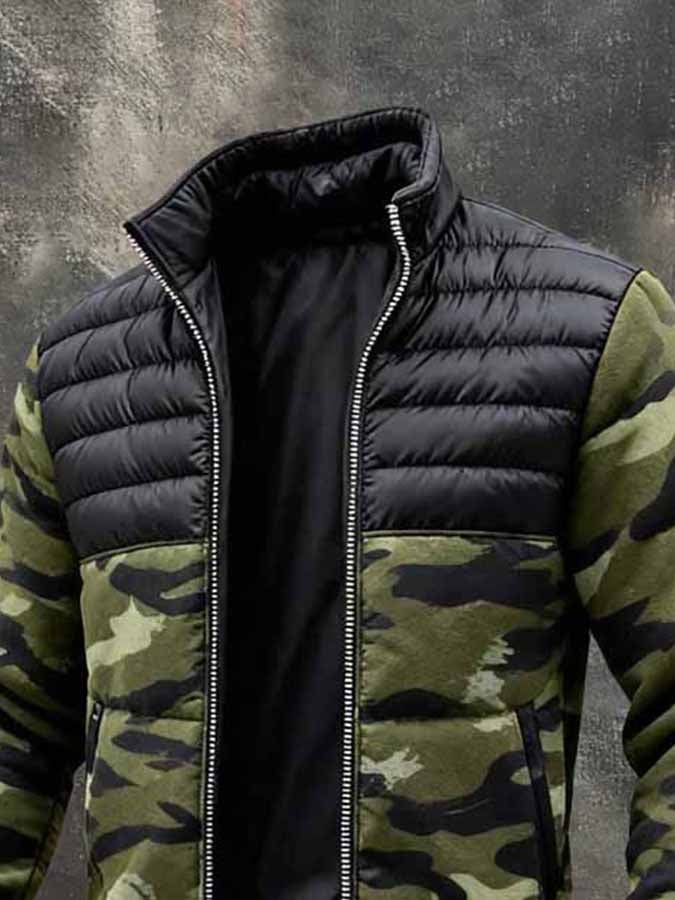 Men's Retro Camouflage Print Color-Block Outdoor Down Jacket