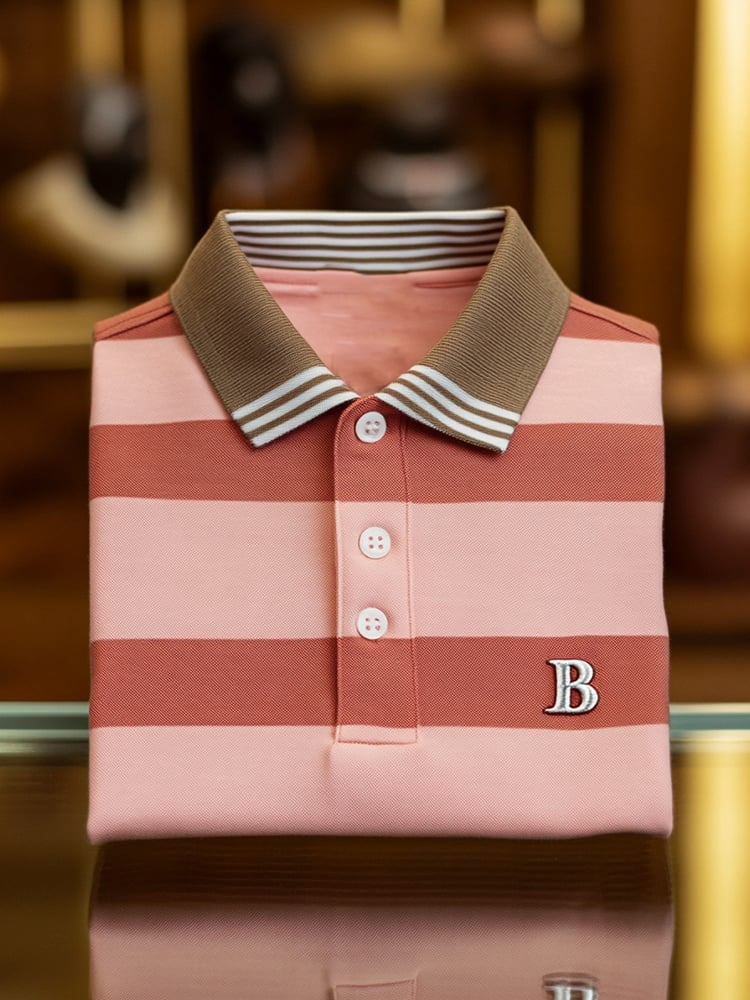 Men's Business Casual Striped Logo Button Short Sleeve Polo Shirt