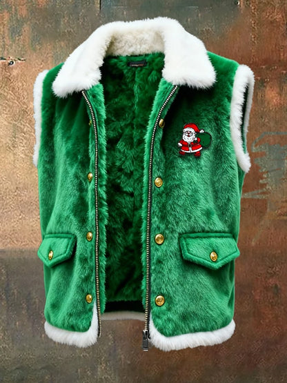 Men's Retro Plush Patchwork Christmas Sleeveless Vest Jacket (with Detachable Brooch Design)
