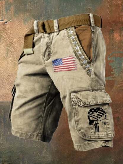 Men's Vintage Flag Independence Day Multi-Pocket Print Cargo Shorts
