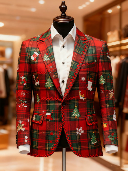 Men's Business Casual Large Pocket Vintage Christmas Print Blazers