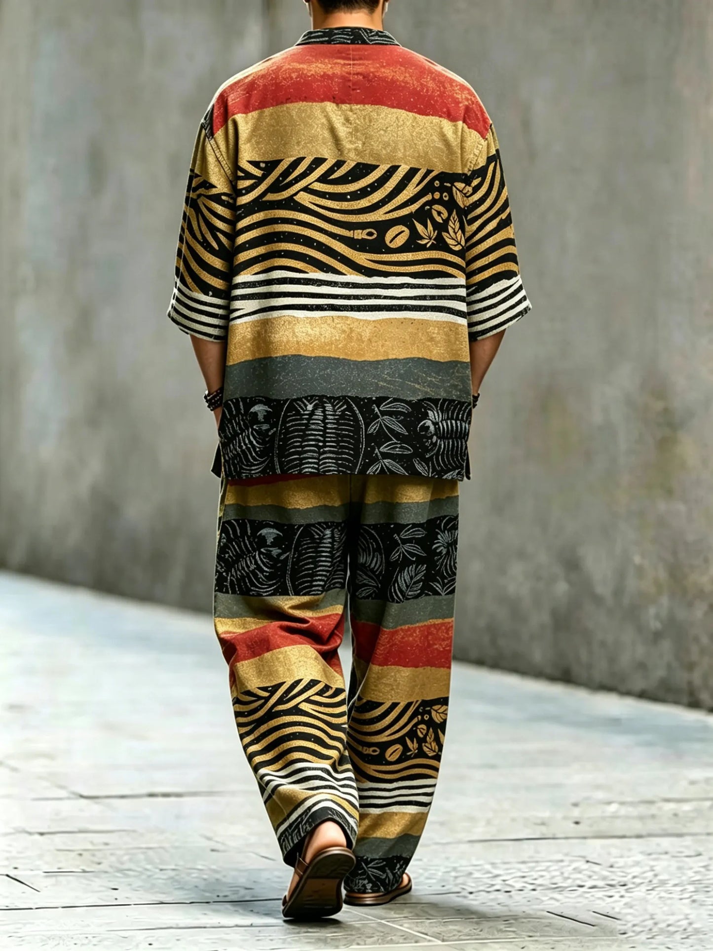 Men's Vintage Abstract Art Printed Cotton Shirt Set (Top & Pants)