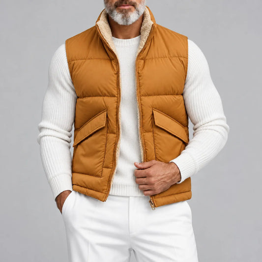 Men's Solid Color Stand Collar Zipper Sherpa Fleece Lined Reversible Puffer Vest