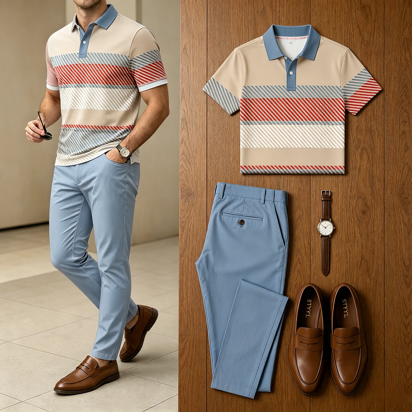 Men's Casual Diagonal Striped Printed Polo Shirt And Pants Two-Piece Set