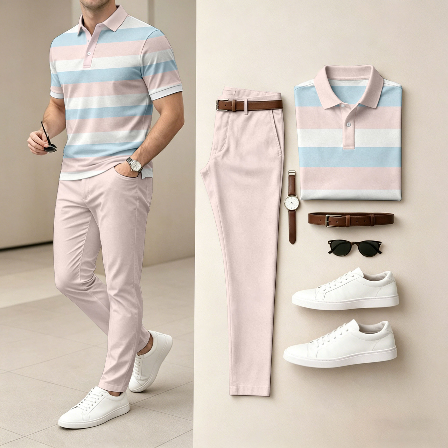 Men's Casual Striped Color-Block Print Short-Sleeve Polo Shirt And Pants Set (Excludes Accessories Such As Watches And Belts)
