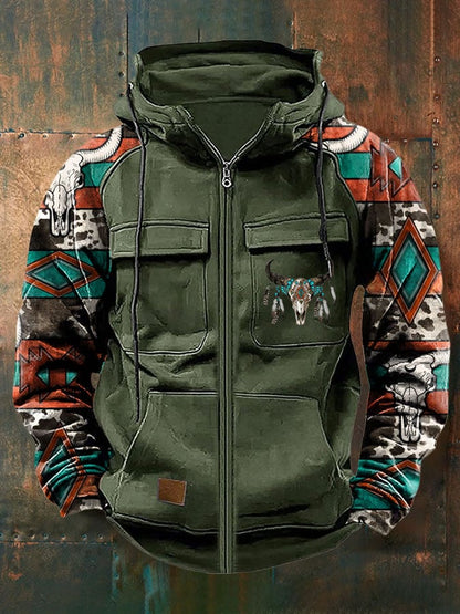 Men's Vintage Western Print Multi-Pocket Jacket