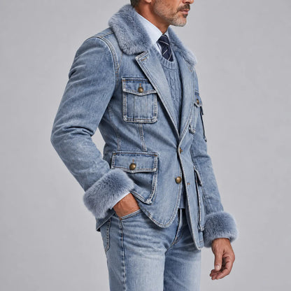 Men's Chic Light Blue Denim Contrast Fluffy Collar Gold Buttons Multi-Pockets Blazer