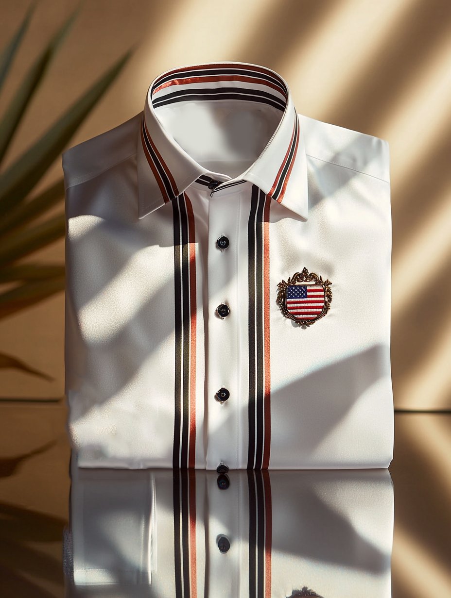 Men's Satin Independence Day Business Stripe Casual Short Sleeve Butto